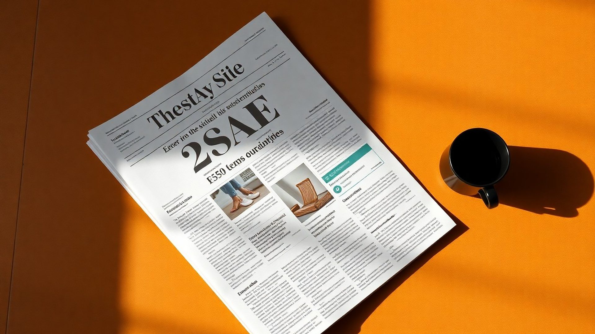 Periódico financiero y taza de cerámica negra sobre superficie carbón y dorado
